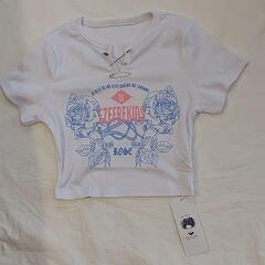 特価❕新品❕韓国系❤️クロップド丈 ロゴT Tシャツ 薔薇 半袖 ワッフル S 白 ダンス ギャル 平成 0384の画像