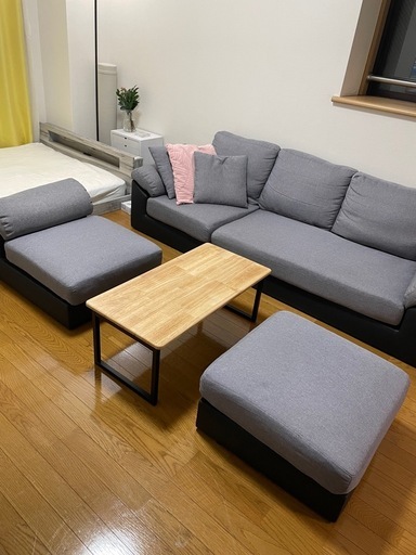 ソファー　三人掛け　オットマン2個　クッション3個付き　グレー　大きい　おしゃれ