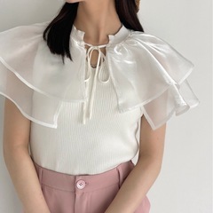 新品‼️フリル付きホワイト半袖トップス オーガンジー ケープ フリル ドッキング ニットの画像