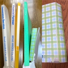 黄色バインダー＆A4の20ポケットファイル２冊:ペーパ製　グリーン系　B5バインダー(KOKUYO)・カード入れ＆ポストカード入れて・合わせて6冊の画像