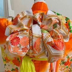 オレンジ　金駒刺繍　源氏車　花　七五三　7歳　13点フルセット　髪飾り付きの画像