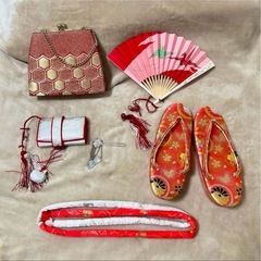 オレンジ　金駒刺繍　源氏車　花　七五三　7歳　13点フルセット　髪飾り付きの画像