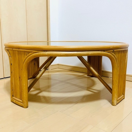 80X80 家具・インテリア 昭和レトロ ラタン 籐 強化ガラス