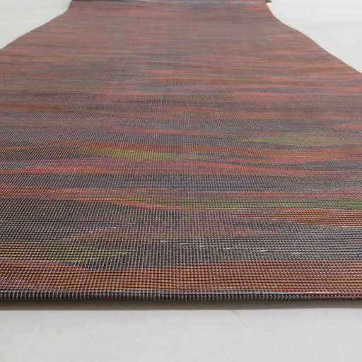 袋帯 正絹 KisyuRaden 茶色xオレンジ色x黄緑色 変わり縞調 螺鈿入り