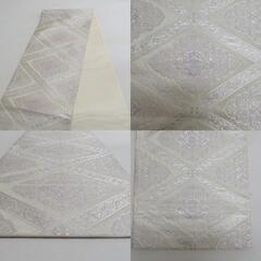 袋帯 正絹 銀糸 シルバー系 菱型模様 ホワイトｘシルバーxパープル 六通柄 フォーマル 礼装 長さ432cm【中古】 【キモノオフ野々市若松店】の画像