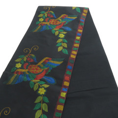 袋帯 洒落袋帯 正絹 黒色ｘ多色 エスニック調 鳥紋様 六通柄 長さ432cm【中古】 【キモノオフ野々市若松店】の画像