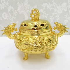 骨董・民芸品 高岡銅器 瑞雲作 龍神香炉 香爐 香炉 三つ足 純金メッキ 共箱有【中古】 【キモノオフ野々市若松店】の画像