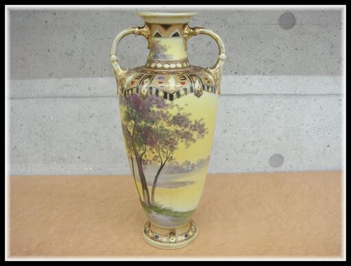 ☆★希少★レア★☆ noritake オールドノリタケ 湖水風景 両耳 花瓶 バックスタンプ マルキ印 1908年頃～ 英国輸出向け グリーン 寸法(約)W14.5×D12×H31cm　　72