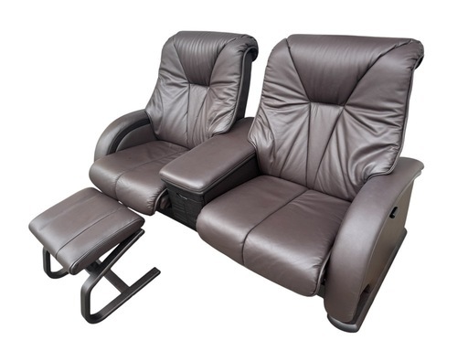 フジファニチャー 本革 2人掛けソファ アーム リクライニング 収納 レザー 2P オットマン ブラウン