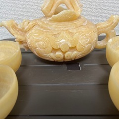 中国美術 天然 大理石 翡翠 玉石 彫刻 急須 茶道　茶器 茶具 4点セット アンティーク コレクションの画像