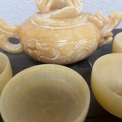 中国美術 天然 大理石 翡翠 玉石 彫刻 急須 茶道　茶器 茶具 4点セット アンティーク コレクションの画像