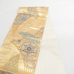袋帯 正絹 金糸 唐草花に華紋文様 金色ｘ緑色ｘ紫色 六通柄 フォーマル 礼装 長さ440cm【中古】 【キモノオフ野々市若松店】の画像