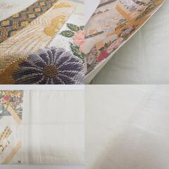 袋帯 正絹 金糸 ベージュ色ｘ金色ｘ緑色ｘ多色 菱型に四季花文様 六通柄 フォーマル 礼装 長さ448cm【中古】 【キモノオフ野々市若松店】の画像