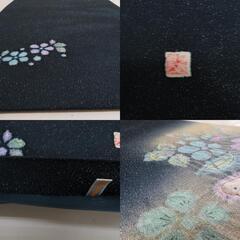 袋帯 正絹 洒落袋帯 辻が花 染め文様 ぼかし 紺色ｘ薄紫色 パステル系 銀糸 藤文様 お太鼓柄 落款入り フォーマル 礼装 長さ456cm【中古】 【キモノオフ野々市若松店】の画像