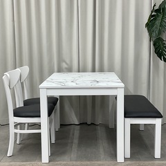 KI-13【新入荷　アウトレット品】ホーク115 メラミントップ　ベンチダイニング4点セット　白×黒の画像