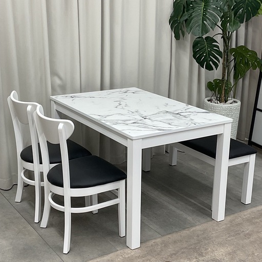 KI-13【新入荷　アウトレット品】ホーク115 メラミントップ　ベンチダイニング4点セット　白×黒