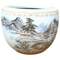 【山水画】大型 陶器鉢 / 火鉢 睡蓮鉢 メダカ鉢 アンティークの画像
