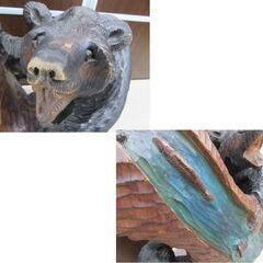 木彫り 熊 「鳴海作」 高さ 約49cm 3頭 鮭 大きめ 熊の置物 オブジェ インテリア 工芸 クマ 苫小牧西店の画像