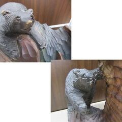 木彫り 熊 「鳴海作」 高さ 約49cm 3頭 鮭 大きめ 熊の置物 オブジェ インテリア 工芸 クマ 苫小牧西店の画像