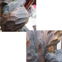 木彫り 熊 「鳴海作」 高さ 約49cm 3頭 鮭 大きめ 熊の置物 オブジェ インテリア 工芸 クマ 苫小牧西店の画像