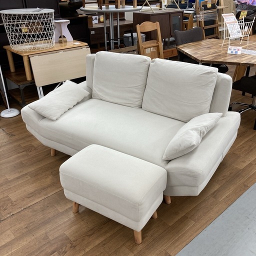 ジモティー限定価格！S788 ⭐ 2Pファブリックワイドソファ＋オットマン ごろ寝ソファー  クッション2個付き 幅170cm USED 綺麗