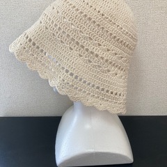 透かし模様のバケットハット♪コットン100%ハンドメイドかぎ針編みの画像