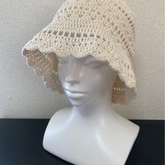 透かし模様のバケットハット♪コットン100%ハンドメイドかぎ針編みの画像
