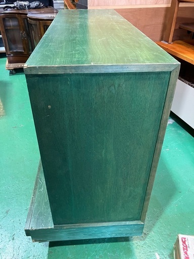 収納棚　オシャレ家具　昭和レトロ　ショーケース　店舗用品　店舗什器　キャビネット　カフェ　二段　2段　緑　グリーン　家具　インテリア　