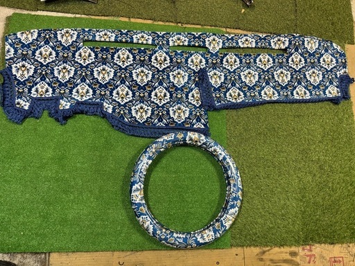 PMエルフ用 新格子 縦柄 ハンドルカバー ダッシュマット 2点セット　ブルー