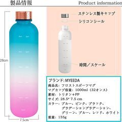 水筒　グリーン 1Lタイムマーカー付きウォーターボトル 1000ml 水 水筒1リットルウォーター ボトル ウォーター タイムマーカー クリアボトル 1000ml 水筒 透明 プラスチック water bottle ドリンク ボトル 1リットル 目盛り 軽い 耐熱水筒の画像