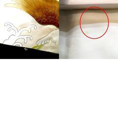 羽織 正絹 男児用 袖なし綿入り上着 正絹 黒 薄ベージュ 金彩 刺繍 松 鷹 波 丸に木瓜紋3つ入 袖無し羽織 子供用【中古】 【キモノオフ野々市若松店】の画像