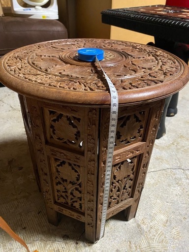 手彫り 木製 サイドテーブル 花台 八角形