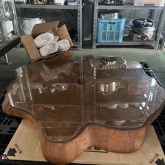 【ホリダソウコ】屋久杉？アンティーク　天板ガラス　切り株テーブル　ローテーブル　座卓　の画像