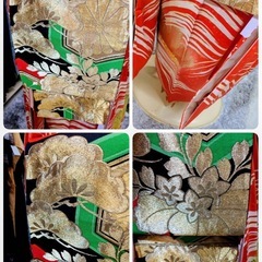 ●S) レトロ 古典 豪華絢爛 金駒 刺繍 正絹 松 波  朱色/オレンジ/袋帯 帯揚げ 帯締め 重ね衿 成人式 結婚式 中古 5点セット ③の画像