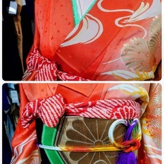 ●S) レトロ 古典 豪華絢爛 金駒 刺繍 正絹 松 波  朱色/オレンジ/袋帯 帯揚げ 帯締め 重ね衿 成人式 結婚式 中古 5点セット ③の画像