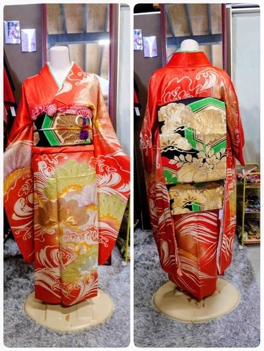 ●S) レトロ 古典 豪華絢爛 金駒 刺繍 正絹 松 波  朱色/オレンジ/袋帯 帯揚げ 帯締め 重ね衿 成人式 結婚式 中古 5点セット ③