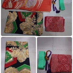 ●S) レトロ 古典 豪華絢爛 金駒 刺繍 正絹 松 波  朱色/オレンジ/袋帯 帯揚げ 帯締め 重ね衿 成人式 結婚式 中古 5点セット ③の画像
