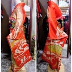 ●S) レトロ 古典 豪華絢爛 金駒 刺繍 正絹 松 波  朱色/オレンジ/袋帯 帯揚げ 帯締め 重ね衿 成人式 結婚式 中古 5点セット ③の画像