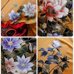 ● T)豪華絢爛 正絹 振袖 黄/辛子/黄土色 系 牡丹 クレマチス/帯 金地 花柄 /帯揚げ 赤/帯締め パール飾/重ね衿/襦袢/ 成人式 結婚式 6点セット 中古 美品③の画像