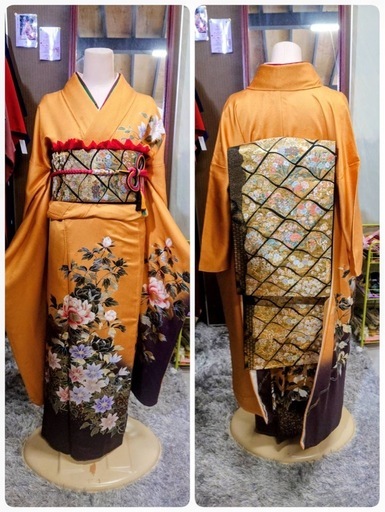 ● T)豪華絢爛 正絹 振袖 黄/辛子/黄土色 系 牡丹 クレマチス/帯 金地 花柄 /帯揚げ 赤/帯締め パール飾/重ね衿/襦袢/ 成人式 結婚式 6点セット 中古 美品③