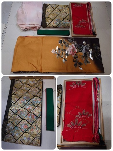 ● T)豪華絢爛 正絹 振袖 黄/辛子/黄土色 系 牡丹 クレマチス/帯 金地 花柄 /帯揚げ 赤/帯締め パール飾/重ね衿/襦袢/ 