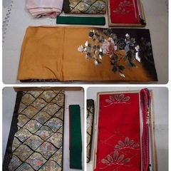 ● T)豪華絢爛 正絹 振袖 黄/辛子/黄土色 系 牡丹 クレマチス/帯 金地 花柄 /帯揚げ 赤/帯締め パール飾/重ね衿/襦袢/ 成人式 結婚式 6点セット 中古 美品③の画像