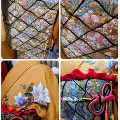 ● T)豪華絢爛 正絹 振袖 黄/辛子/黄土色 系 牡丹 クレマチス/帯 金地 花柄 /帯揚げ 赤/帯締め パール飾/重ね衿/襦袢/ 成人式 結婚式 6点セット 中古 美品③の画像