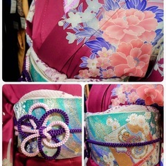 ● U)豪華絢爛 正絹 振袖 臙脂色 ワインレッド 系 牡丹 クレマチス/帯 帯 銀 エメラルドグリーン /帯揚げ /帯締め×2/重ね衿/ 成人式 結婚式 6点セット 中古 ④の画像