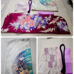 ● U)豪華絢爛 正絹 振袖 臙脂色 ワインレッド 系 牡丹 クレマチス/帯 帯 銀 エメラルドグリーン /帯揚げ /帯締め×2/重ね衿/ 成人式 結婚式 6点セット 中古 ④の画像