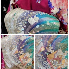 ● U)豪華絢爛 正絹 振袖 臙脂色 ワインレッド 系 牡丹 クレマチス/帯 帯 銀 エメラルドグリーン /帯揚げ /帯締め×2/重ね衿/ 成人式 結婚式 6点セット 中古 ④の画像