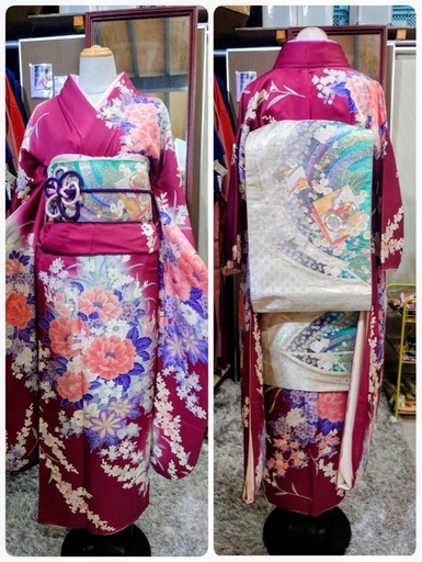 ● U)豪華絢爛 正絹 振袖 臙脂色 ワインレッド 系 牡丹 クレマチス/帯 帯 銀 エメラルドグリーン /帯揚げ /帯締め×2/重ね衿/ 成人式 結婚式 6点セット 中古 ④