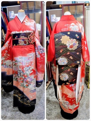 ● V)豪華絢爛 正絹 振袖 赤 ピンク 系 花鳥 爛漫/帯 帯 黒地 花柄 /帯揚げ /帯締め×2/重ね衿/ 成人式 結婚式 5点セット 中古 ③