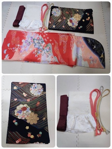 ○ V)豪華絢爛 正絹 振袖 赤 ピンク 系 花鳥 爛漫/帯 帯 黒地 花柄