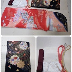 ● V)豪華絢爛 正絹 振袖 赤 ピンク 系 花鳥 爛漫/帯 帯 黒地 花柄 /帯揚げ /帯締め×2/重ね衿/ 成人式 結婚式 5点セット 中古 ③の画像
